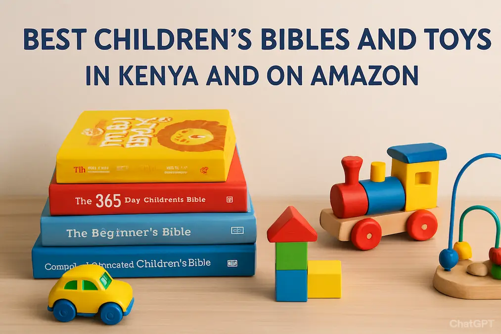 Stack of colorful children’s Bibles alongside wooden toys including a toy train, building blocks, a toy car, and a bead maze on a wooden surface.
