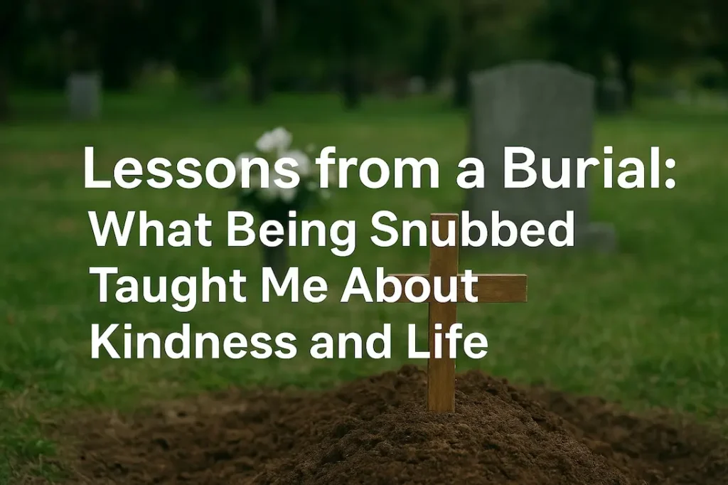 A freshly dug grave with a simple wooden cross in a peaceful cemetery, surrounded by grass and tombstones, symbolizing reflection and life's quiet lessons.