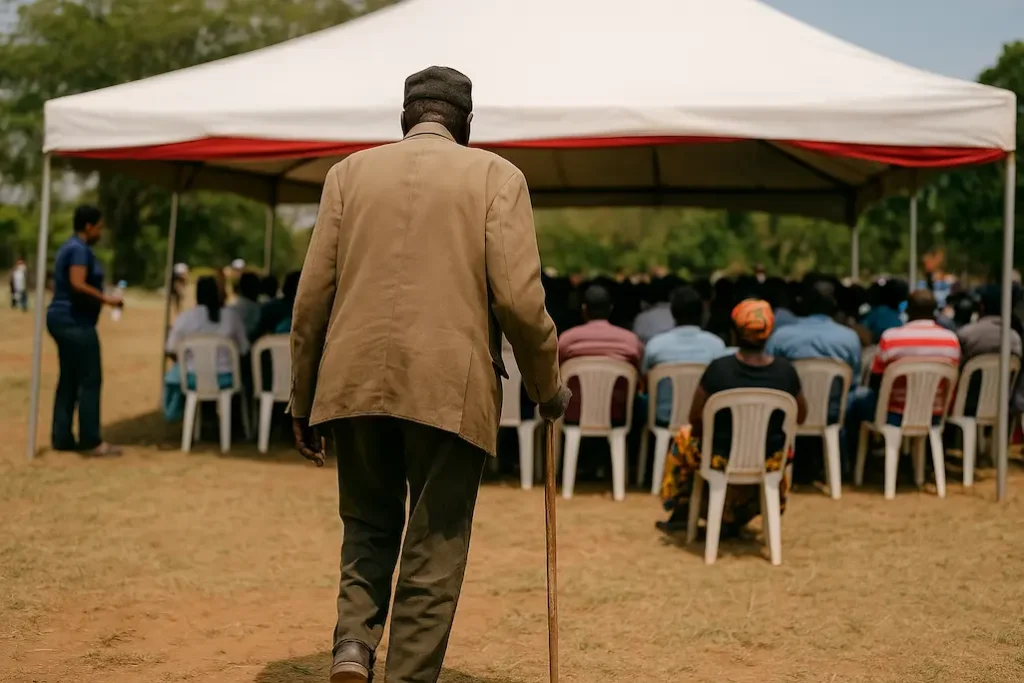An elderly African man wearing a brown jacket and hat walks with a wooden cane toward a white-and-red tent filled with seated people during a community Mashujaa Day celebration on a sunny day.