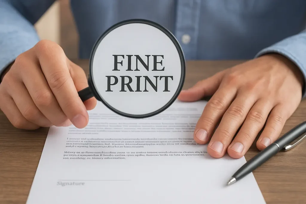 A person examining the fine print of a legal document with a magnifying glass while holding a pen, emphasizing careful reading before signing a contract.