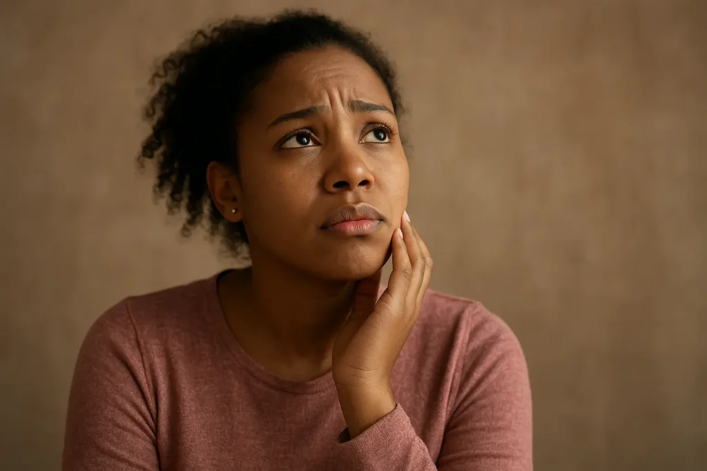 “A young African mother looking upward with hope and prayer, symbolizing faith during financial struggles.”