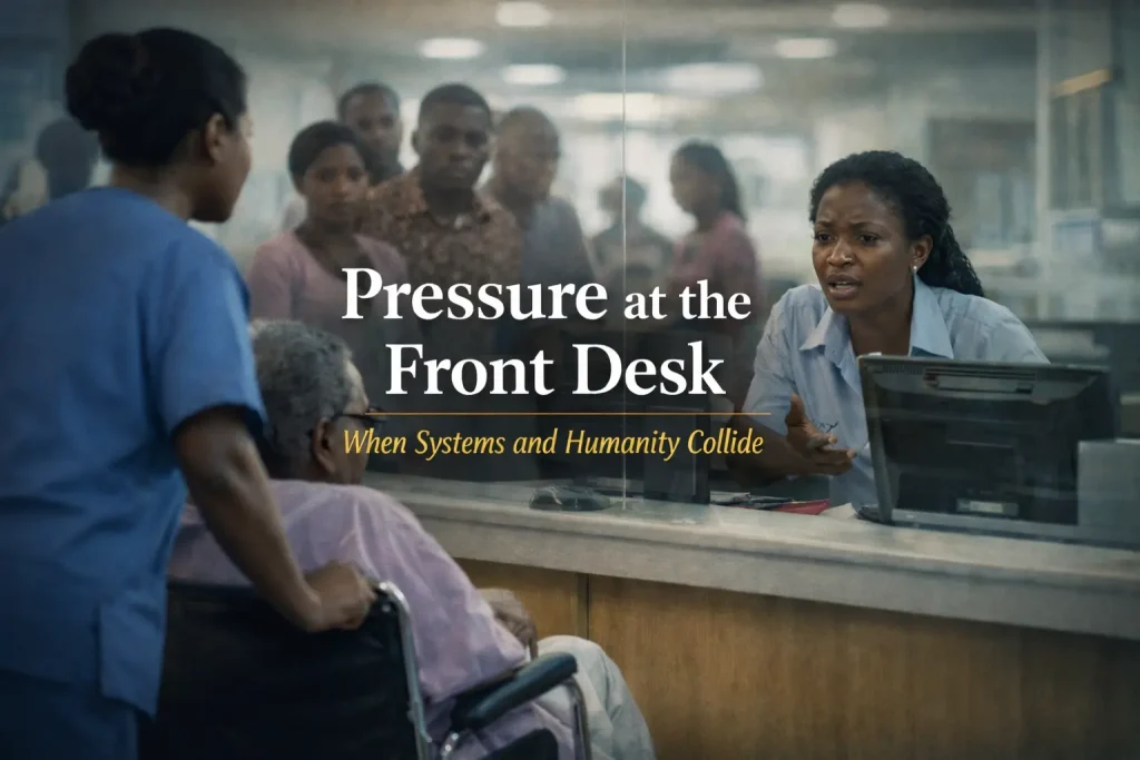 Pressure at the front desk in an African hospital as patients queue during a tense admission process, highlighting frontline customer care challenges