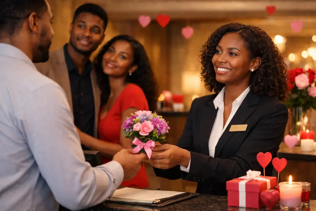 "A smiling receptionist at a hotel front desk hands a purple and pink bouquet to a male guest. In the background, another couple looks happy and excited. The lobby is decorated with Valentine’s Day hearts, candles, and gift boxes, creating a warm, romantic, and welcoming atmosphere."