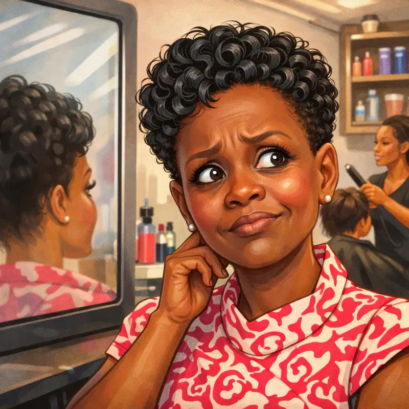 Woman in salon examining her curly weave with a puzzled expression, illustrating a first-time customer experience and first impressions.