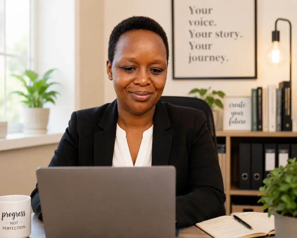 Woman working on laptop while building her blogging journey and finding her voice