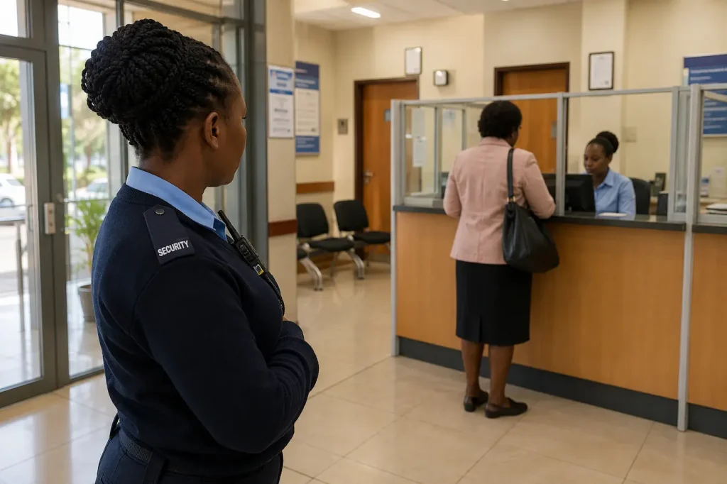 Security guard observing front desk customer service in a public office lobby.