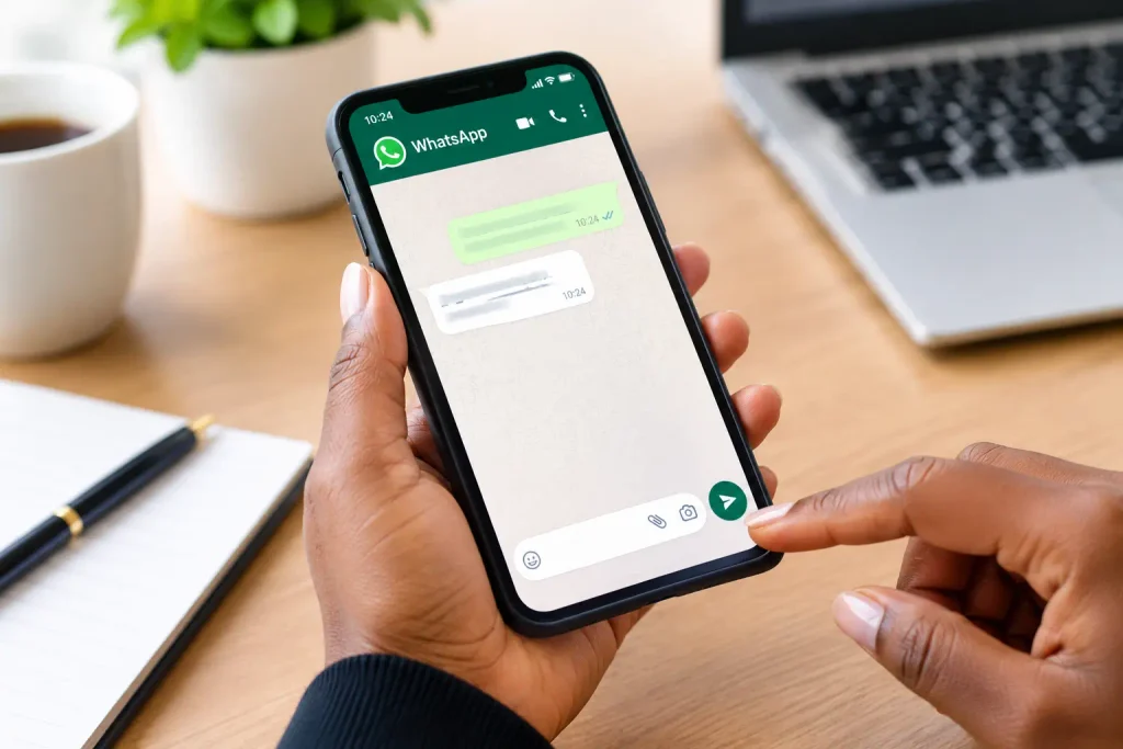 Person using a smartphone to communicate with a business on WhatsApp at a workplace desk.
