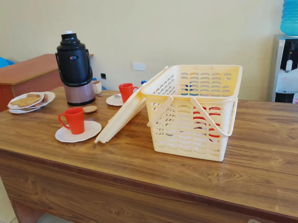 Office tea and snacks delivered through an outsourced catering service.